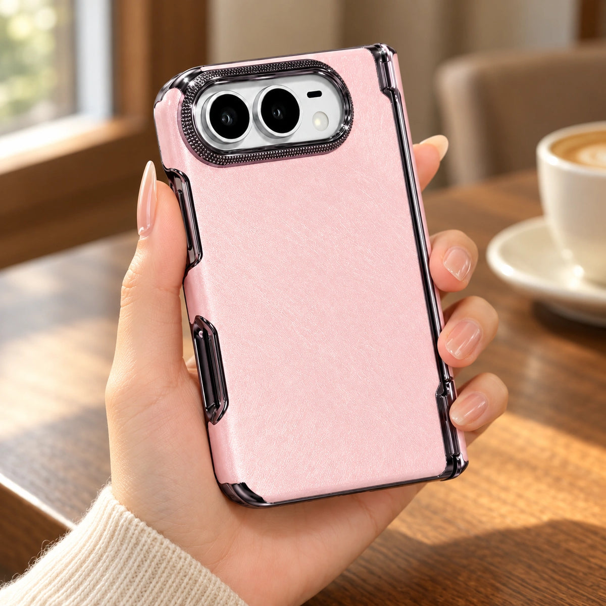 Pearlescent Metal-Edge iPhone Duo Case, held in hand