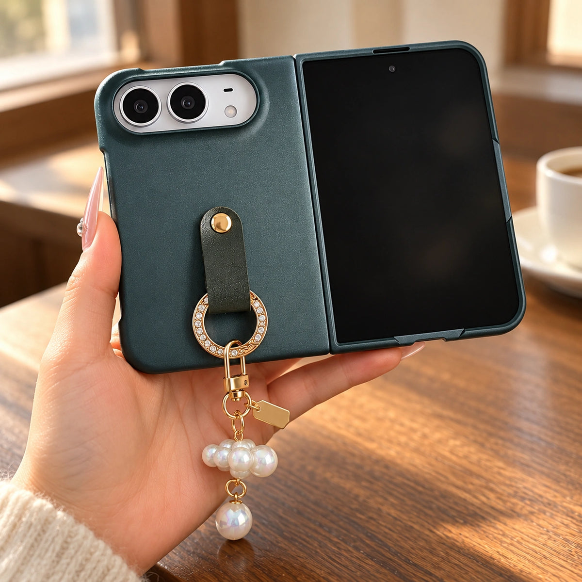 Cloud Texture Pearl Charm iPhone Duo Case, styled product photo