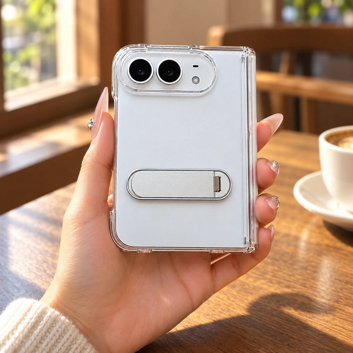 Clear Capsule Stand iPhone Duo Case, held in hand
