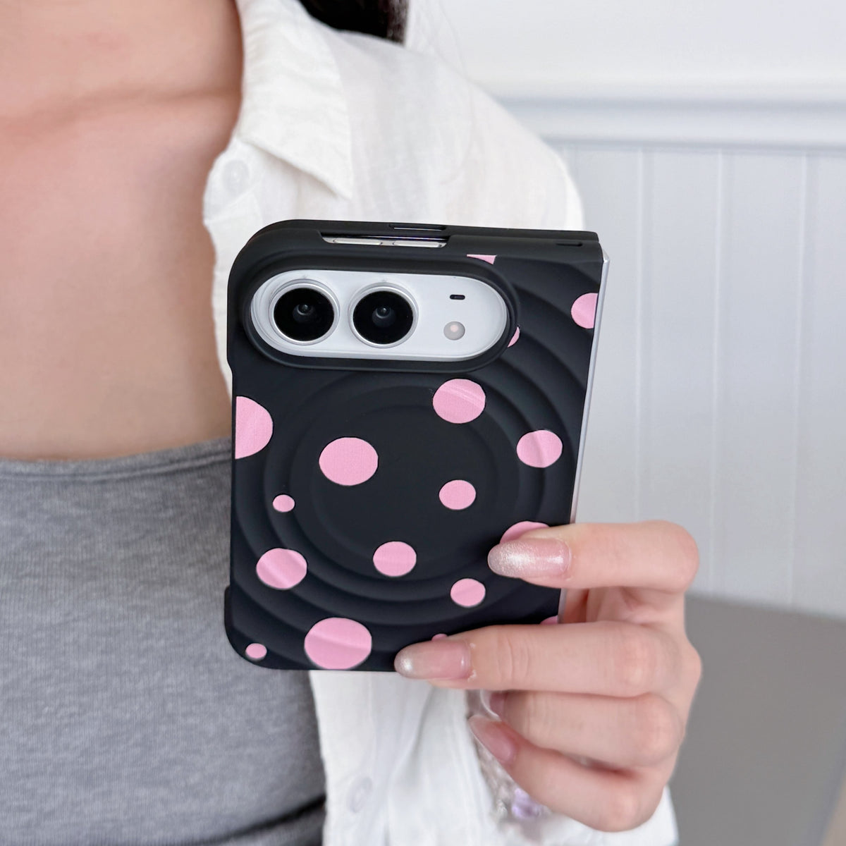 caseease pink polka dot iPhone Duo case, product photo