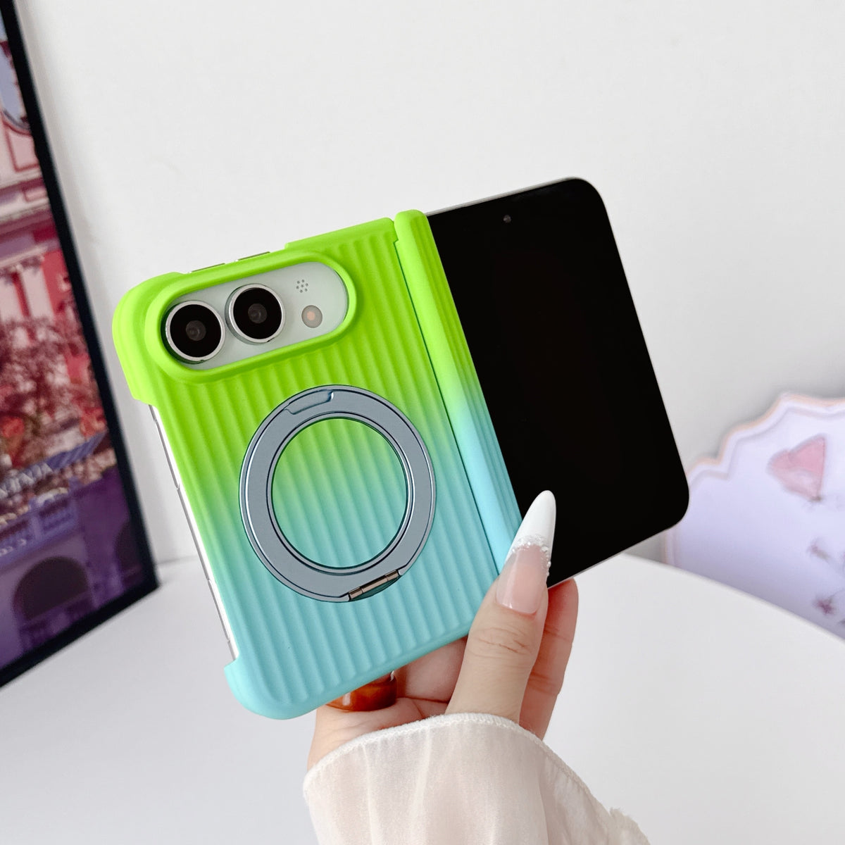 caseease ribbed two-tone ring stand iPhone Duo case - Green Blue, product photo