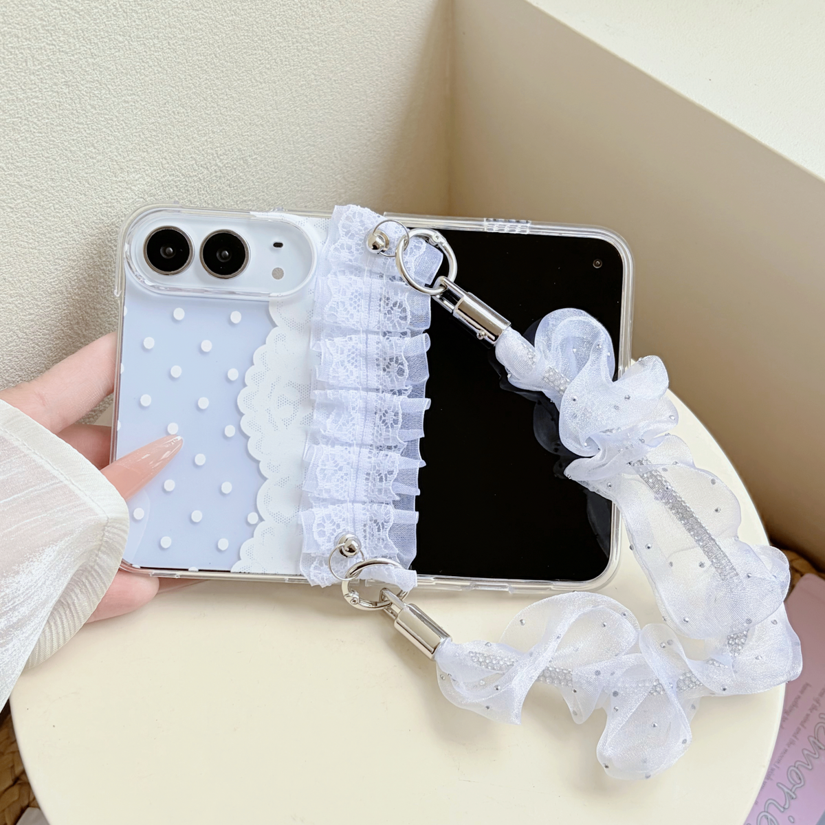 caseease lace polka dot iPhone Duo case, product photo