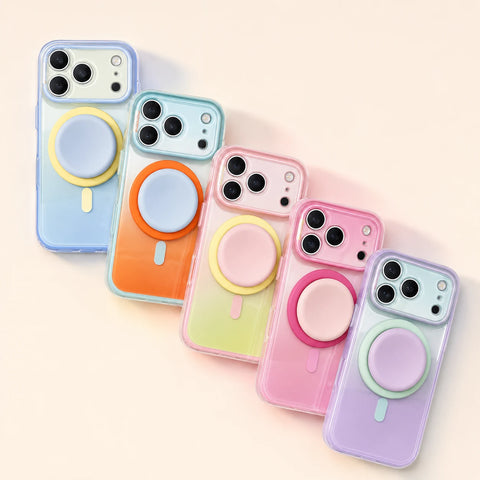 Top-down view of five gradient magnetic phone case and stand color options