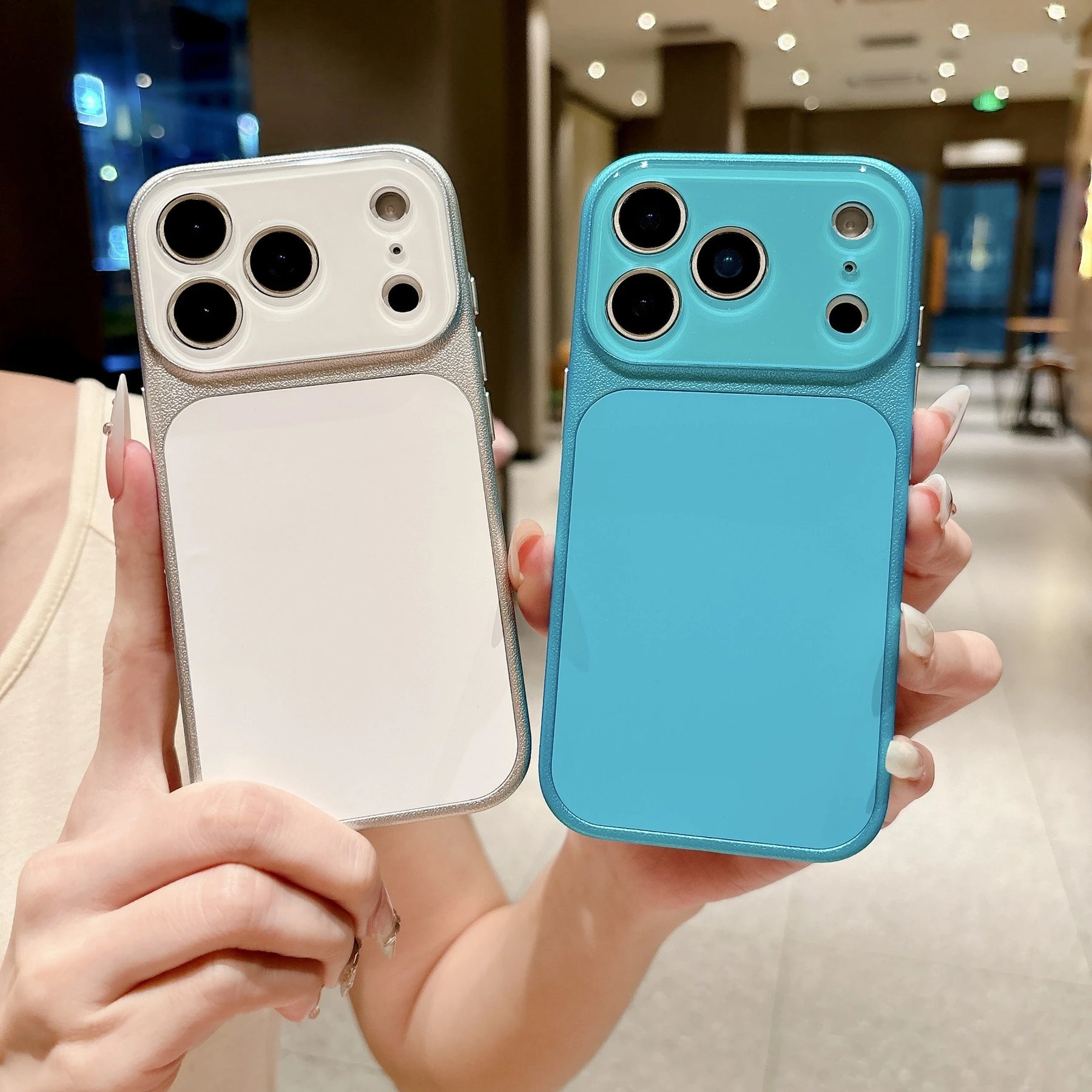 Pearl white and aqua blue faux leather iPhone cases