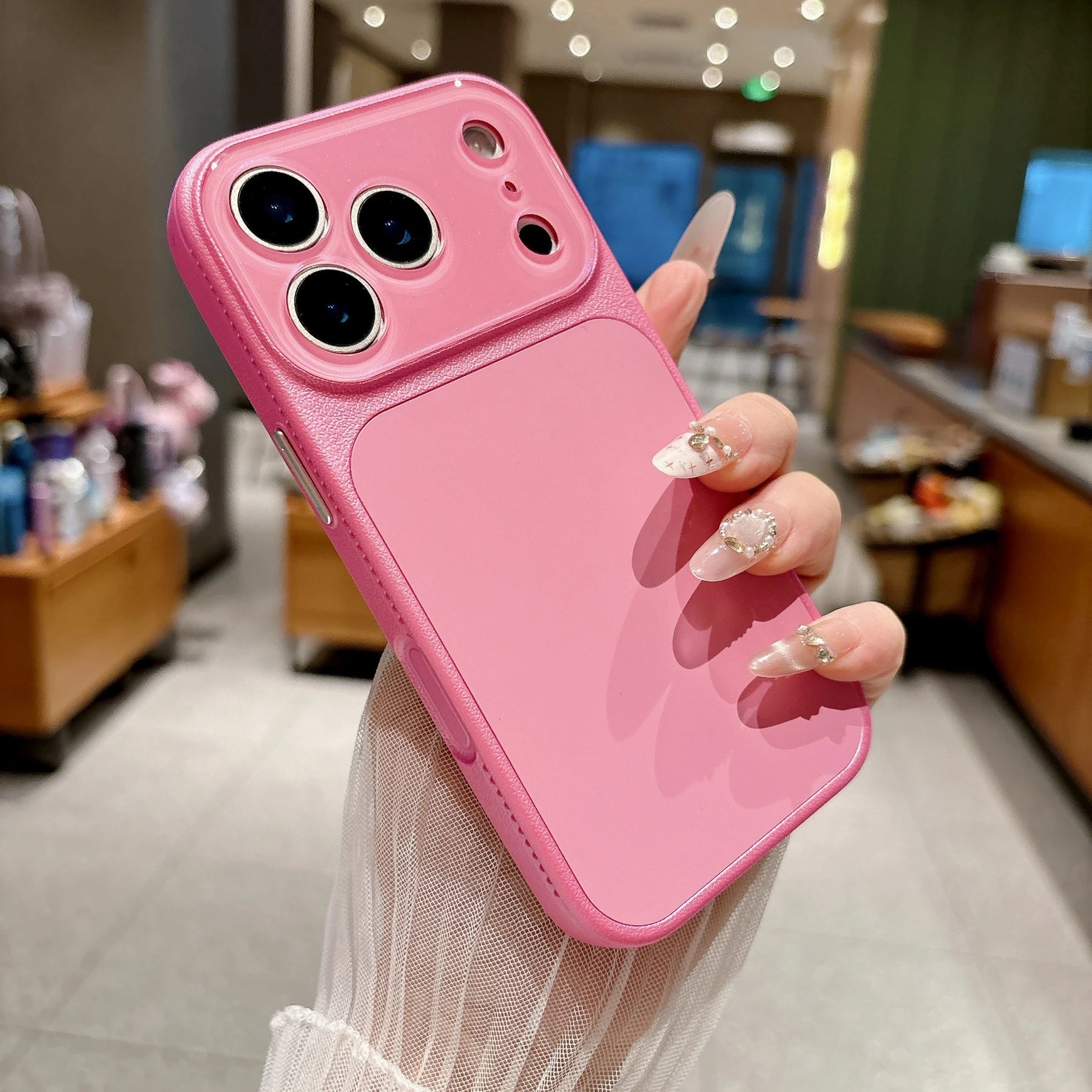 Hot pink faux leather color block iPhone case lifestyle photo