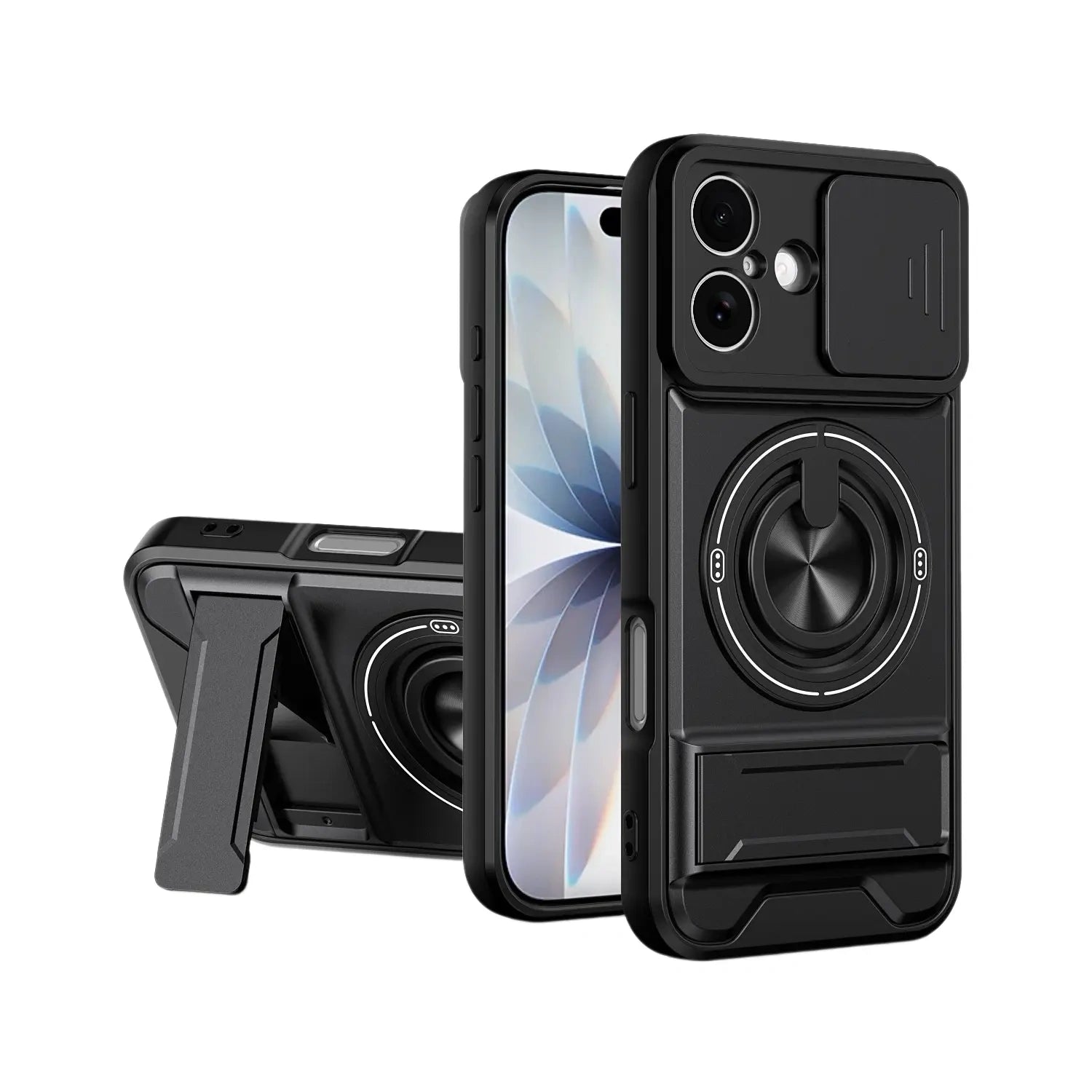 Military-Grade iPhone Case with Sliding Camera Cover & Ring Stand in Black