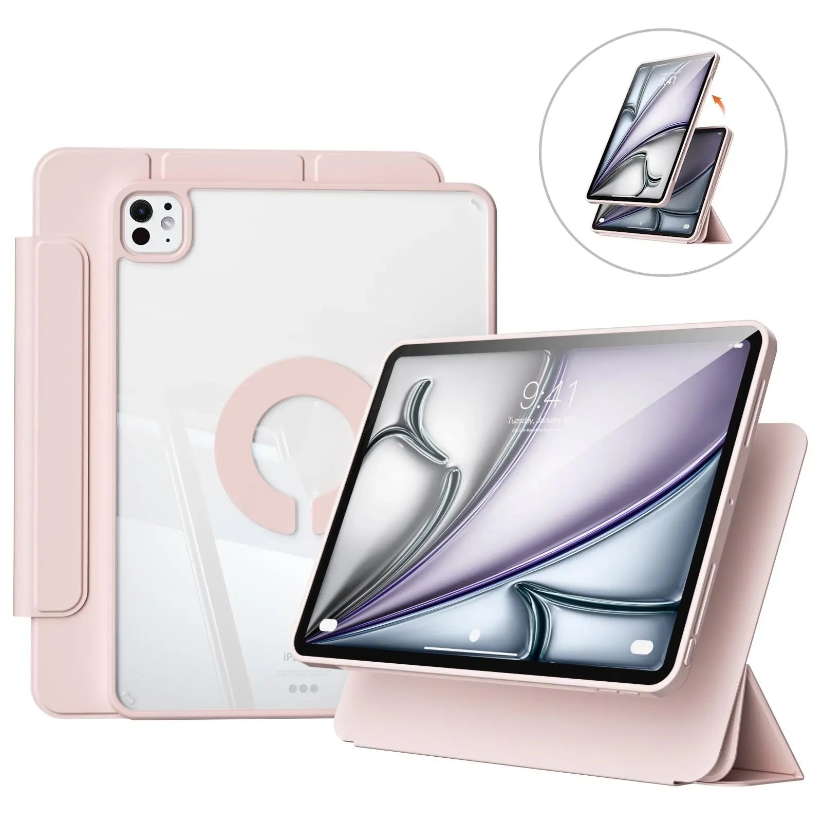 KENKE Magnetic Rotatable Detachable Tablet Case with Pencil Holder, Protective Flip Cover Compatible with iPad, Smart Tablet Accessories, Tablet Casing, Removable Cover, Tablet Covers - Color Pink (variant image)