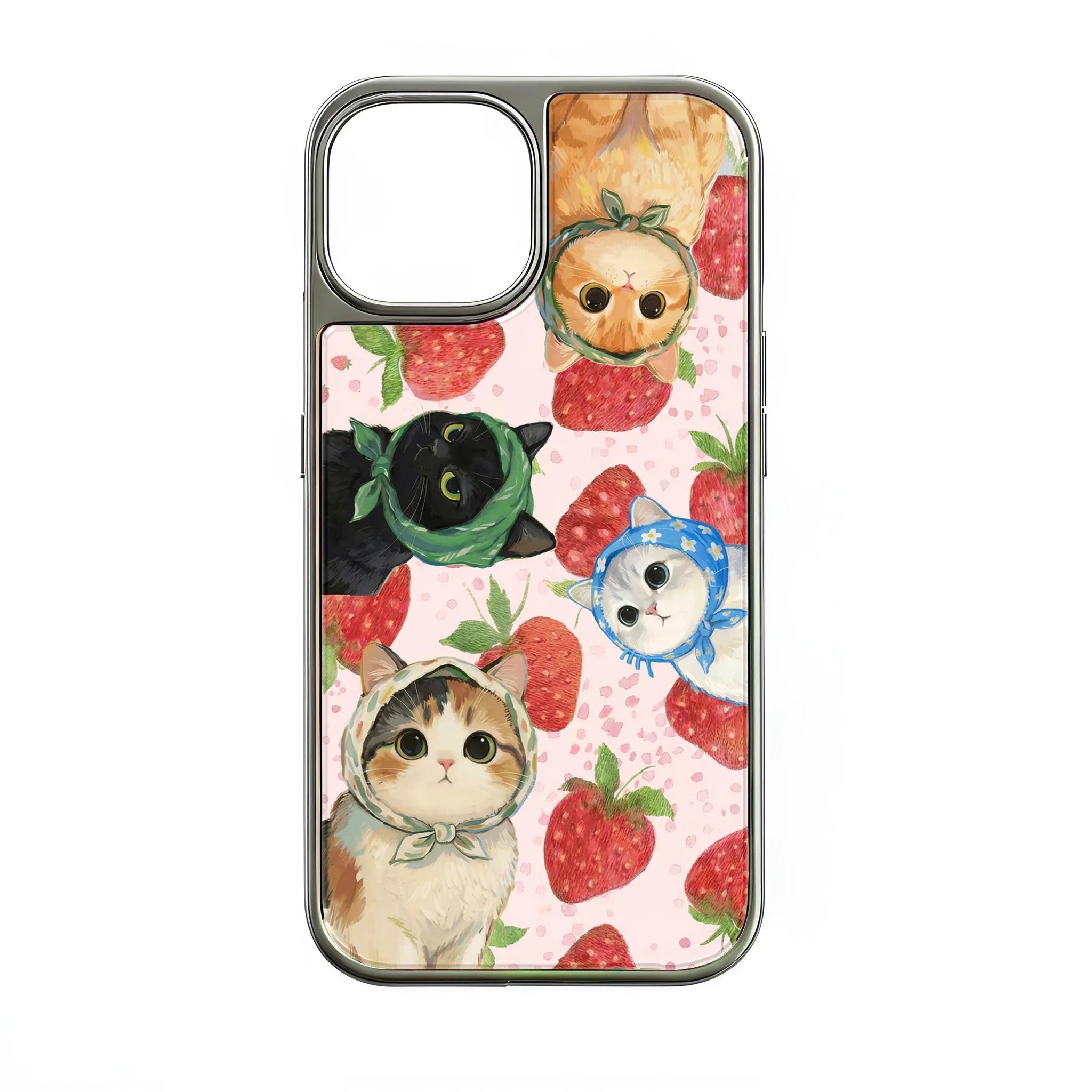 Funda holográfica cromada con diseño de gato - Diseño divertido de fresa