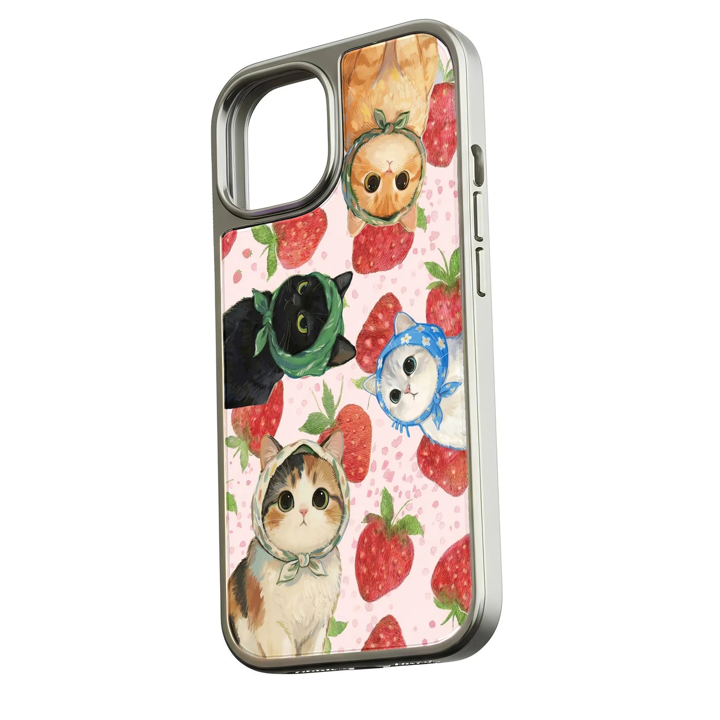 Holographic Chrome Cat Phone Case - Fun Strawberry Design