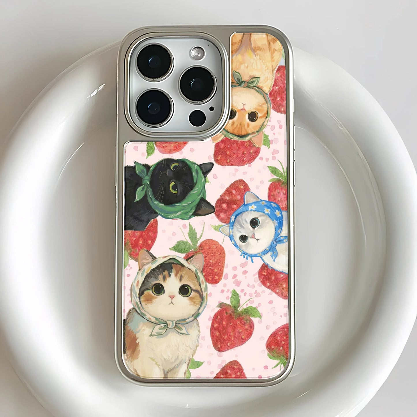 Holographic Chrome Cat Phone Case - Fun Strawberry Design