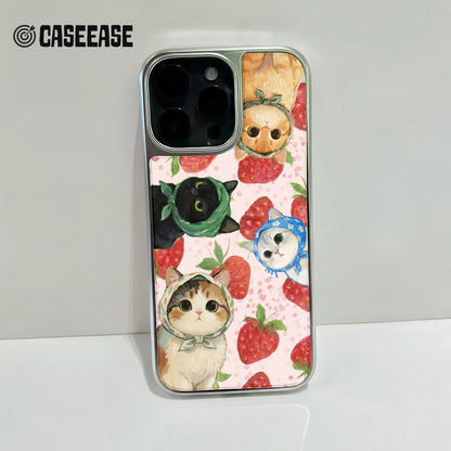 Holographic Chrome Cat Phone Case - Fun Strawberry Design