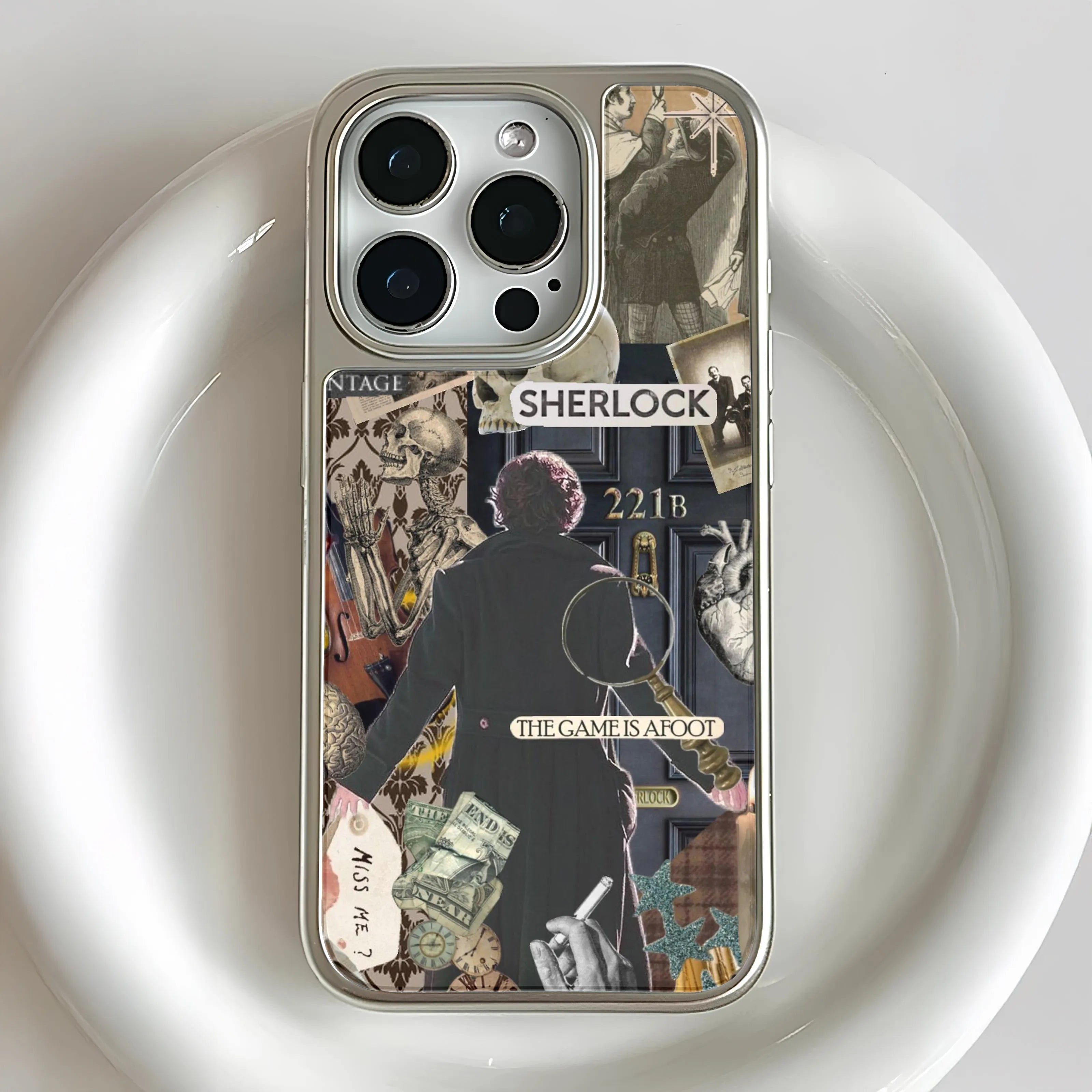 Holographic Chrome Sherlock Phone Case - Vintage Aesthetic with 221B Design