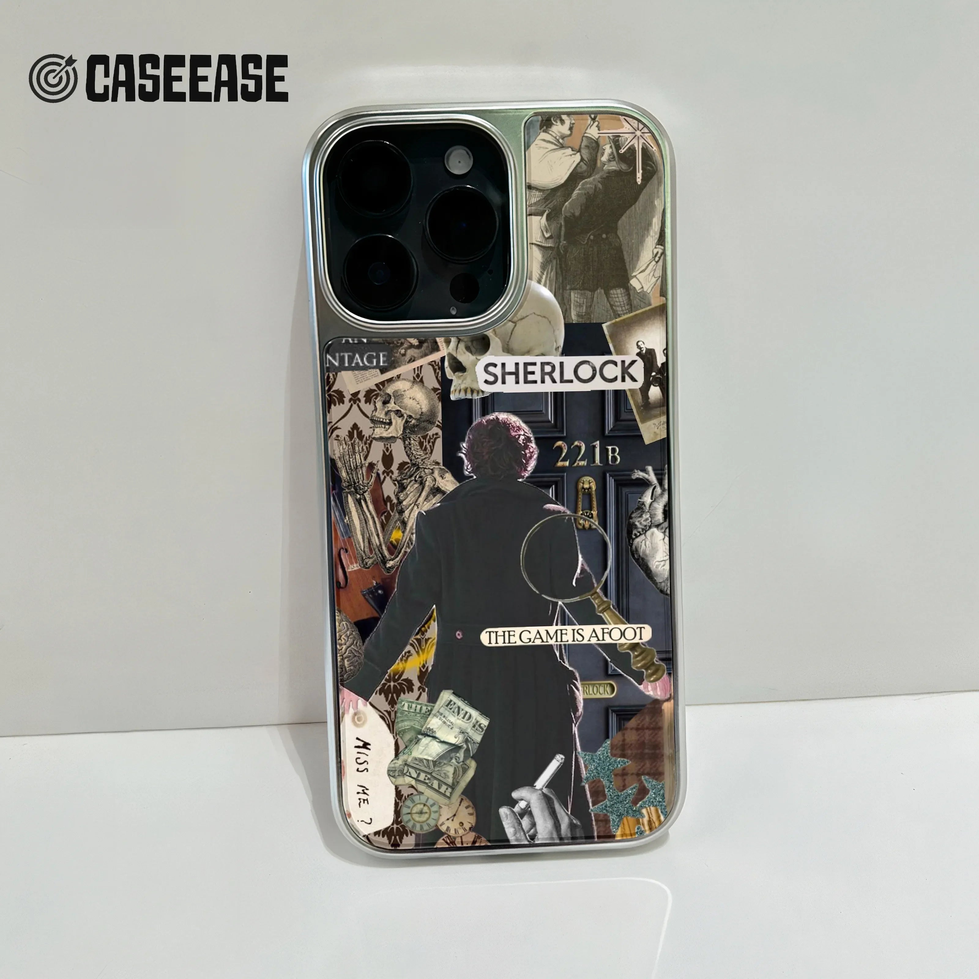 Holographic Chrome Sherlock Phone Case - Vintage Aesthetic with 221B Design