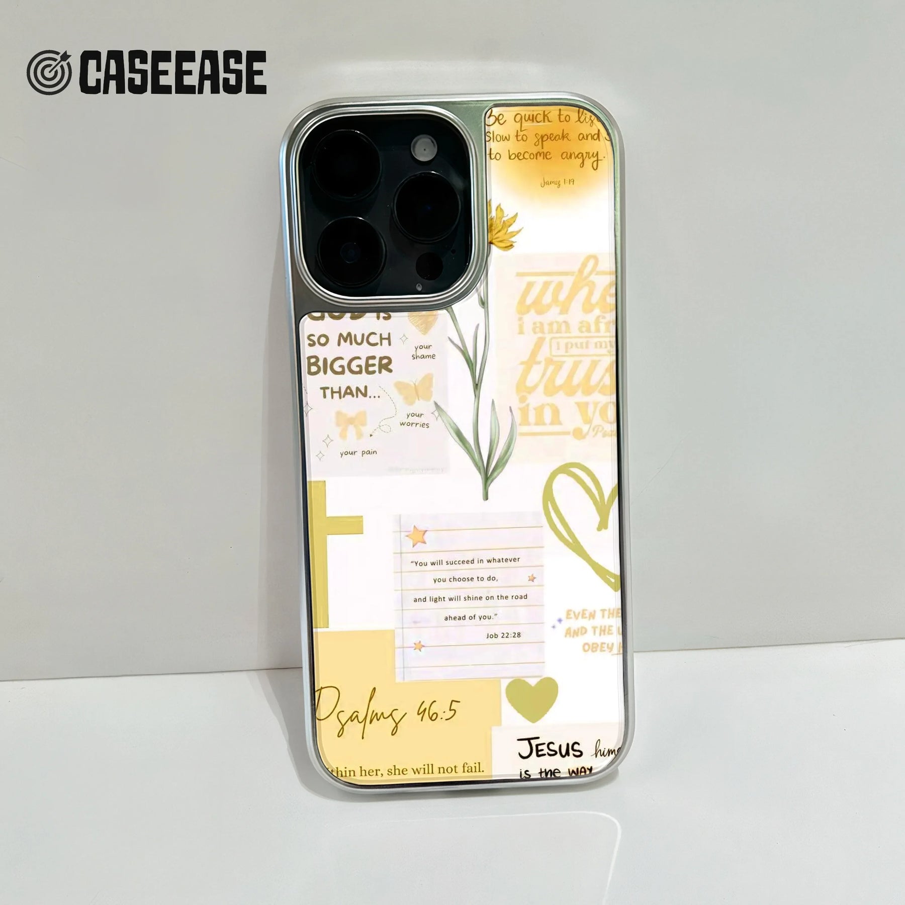 Funda holográfica cromada con frases inspiradoras sobre la fe y la naturaleza