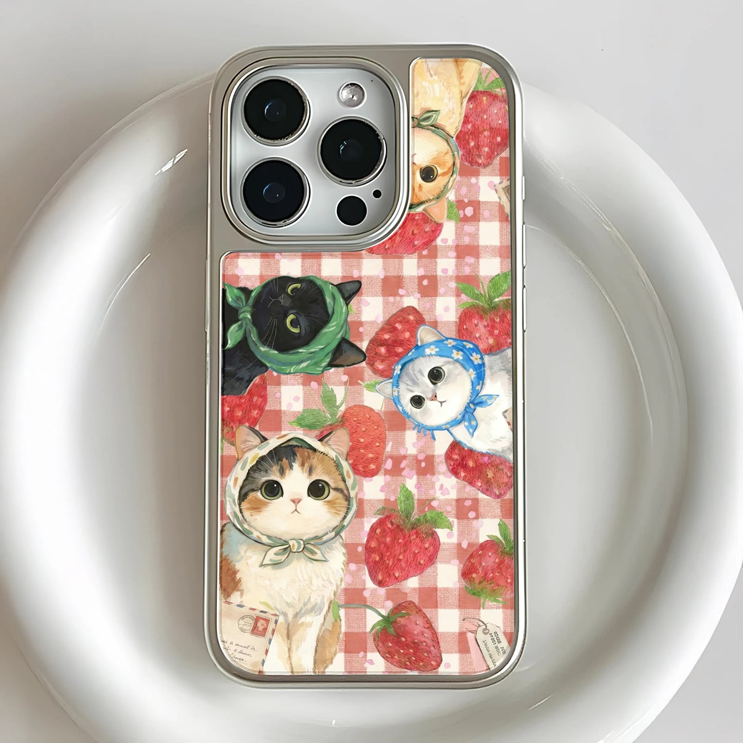 Holographic Chrome Cat and Strawberry Phone Case