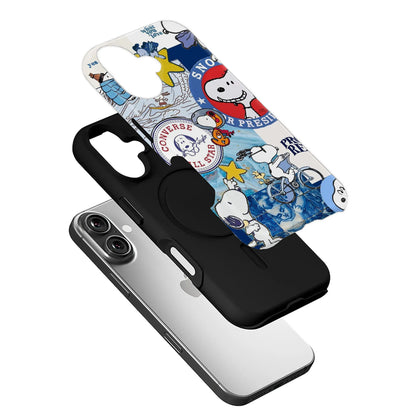 Snoopy collage phone case with Converse logo, blue artwork, stars, and cartoon Snoopy illustrations.
