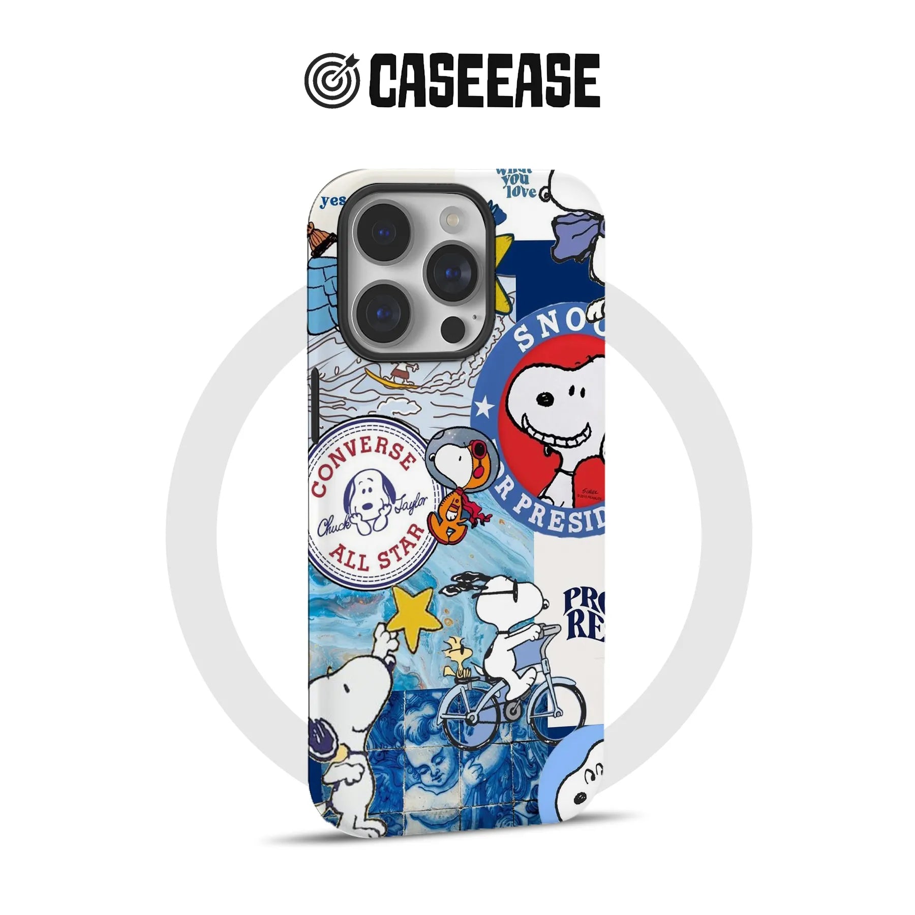 Snoopy collage phone case with Converse logo, blue artwork, stars, and cartoon Snoopy illustrations.