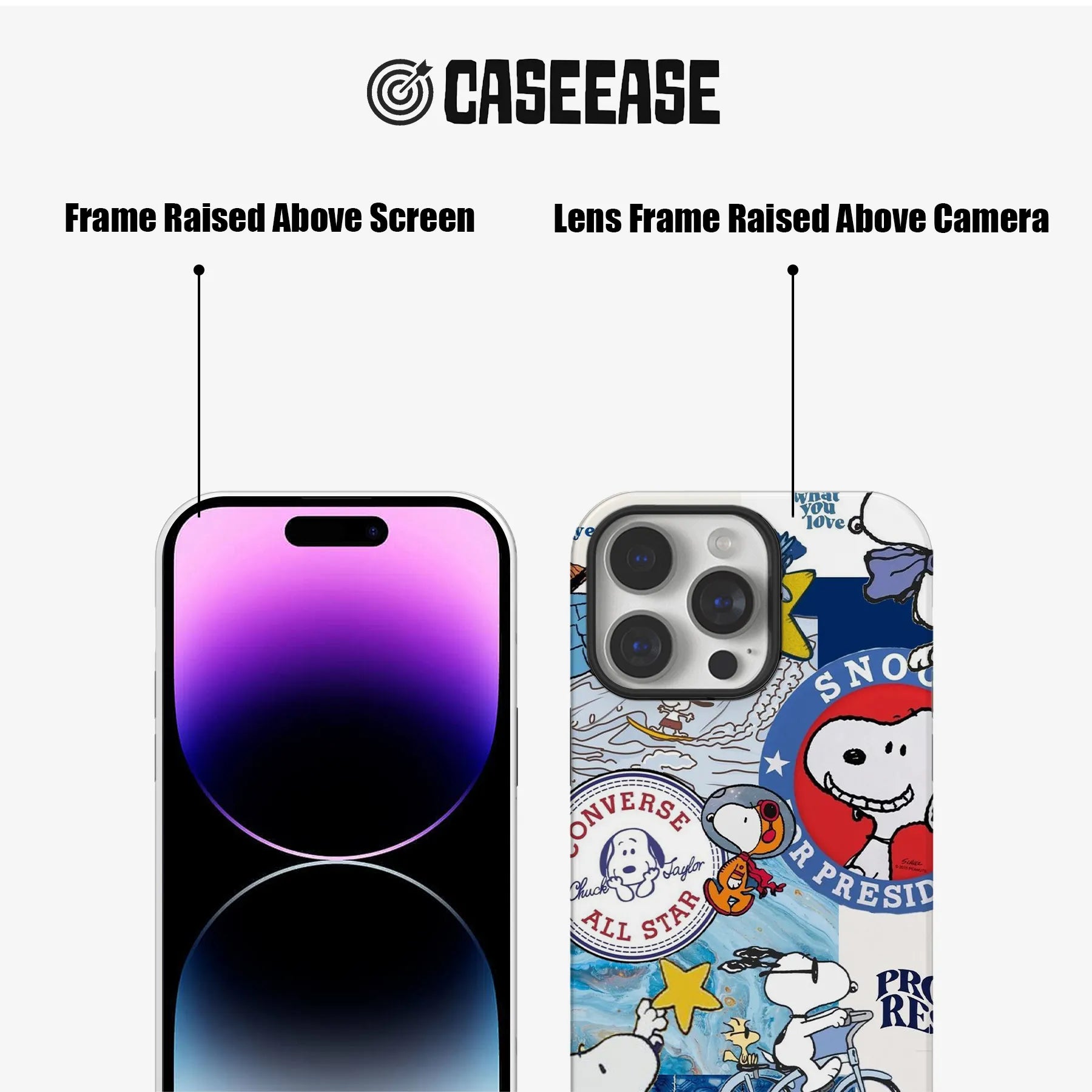Snoopy collage phone case with Converse logo, blue artwork, stars, and cartoon Snoopy illustrations.