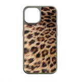 Silver framed leopard print phone case shown from back with camera cutout