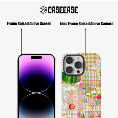Colorful patchwork phone case front and rear view with raised screen and camera frames