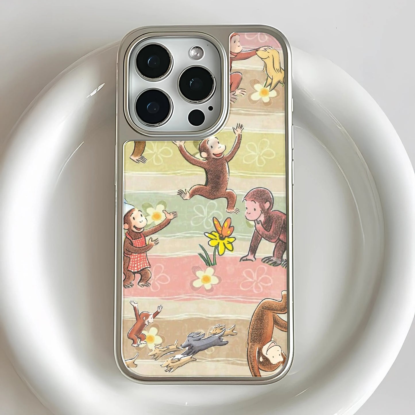Funda holográfica cromada con diseño de mono curioso - Diseño colorido