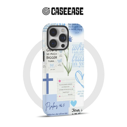 Funda para teléfono azul con versículo bíblico – Salmo 46:5, diseño floral cristiano de fe