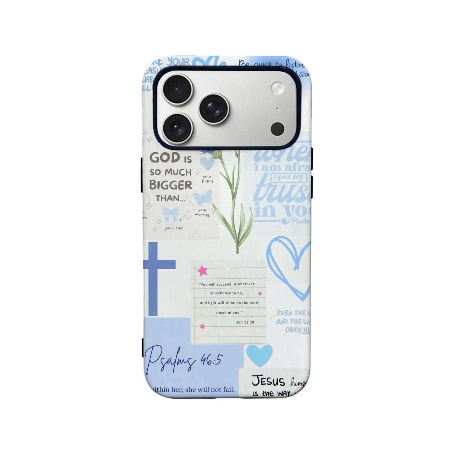 Funda para teléfono azul con versículo bíblico – Salmo 46:5, diseño floral cristiano de fe