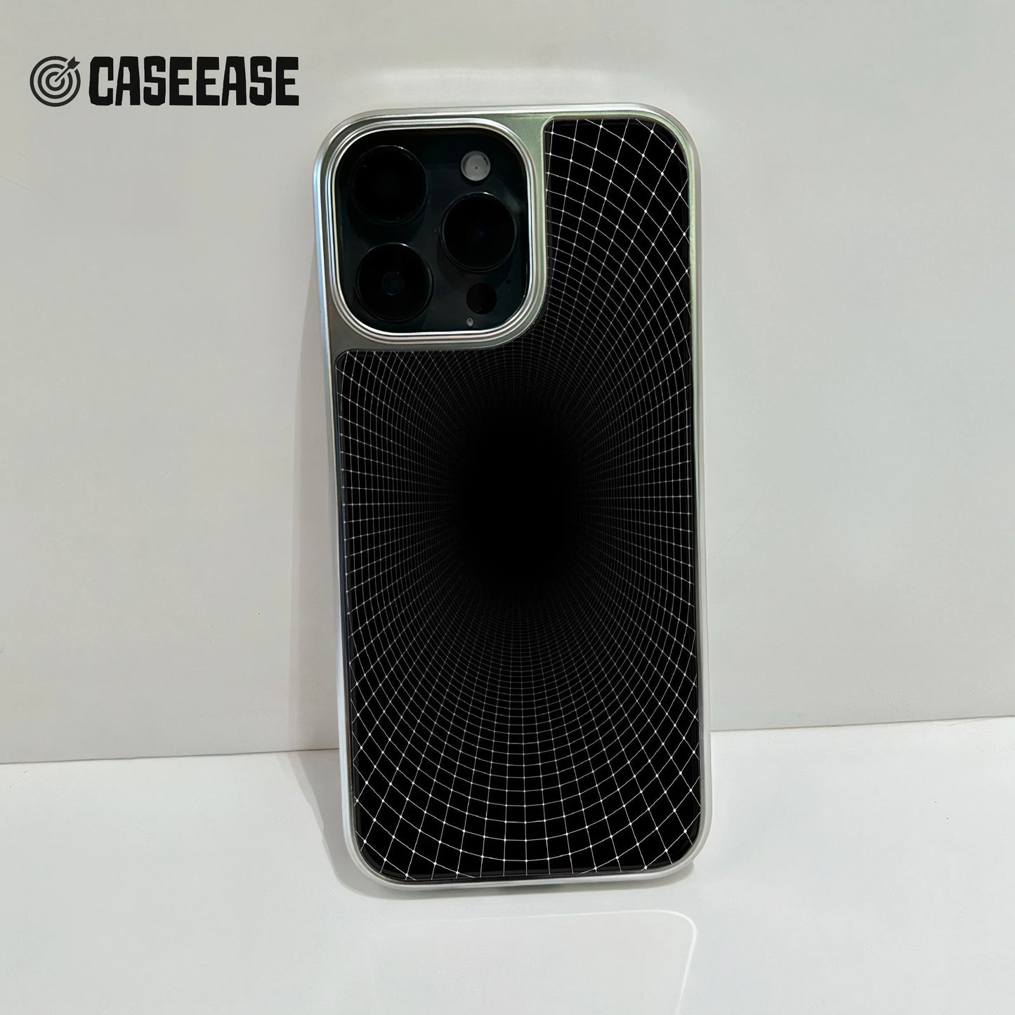 Holographic Chrome iPhone 15 Pro Phone Case - Black Grid Design
