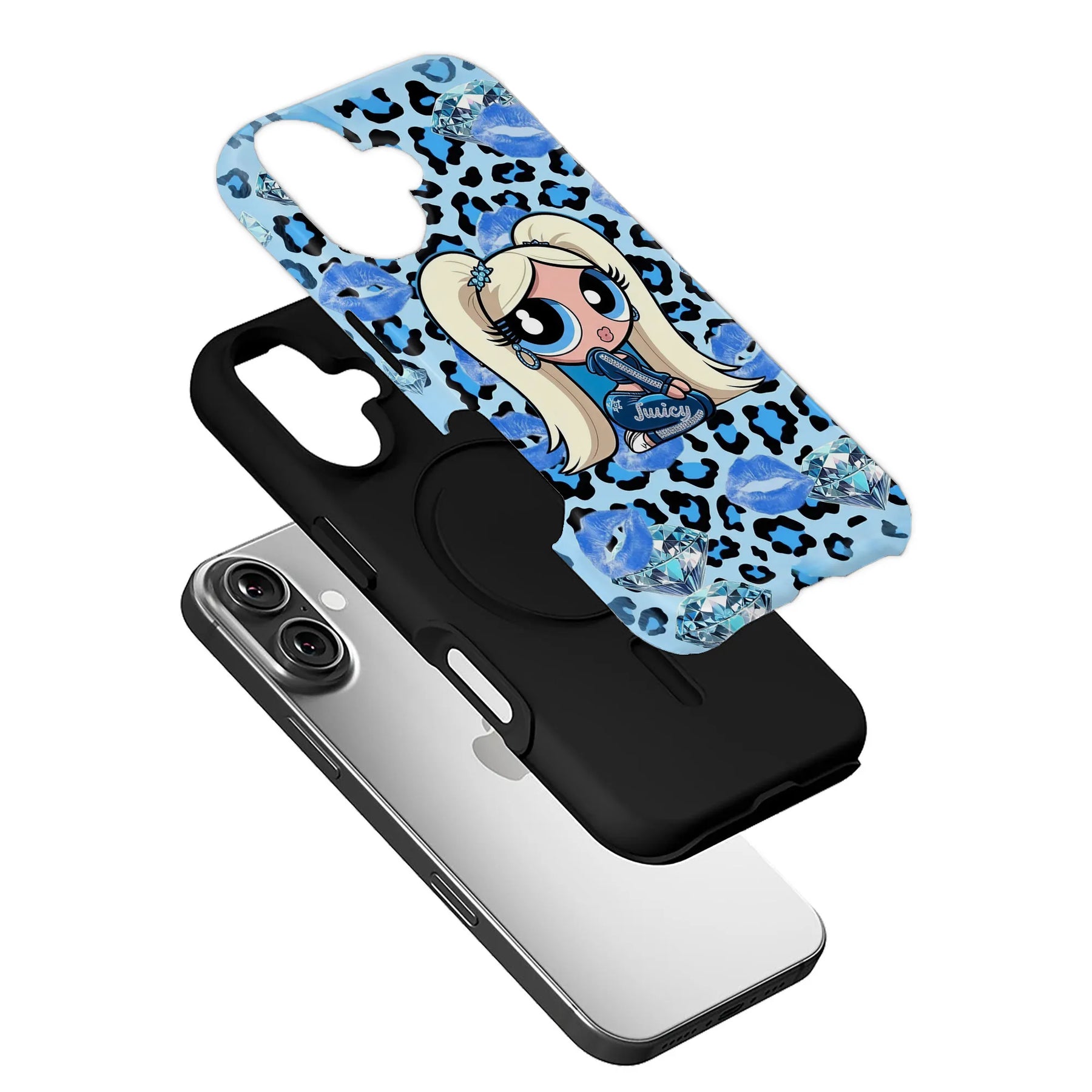 Blue leopard cartoon phone case with black inner layer, angled exploded product display