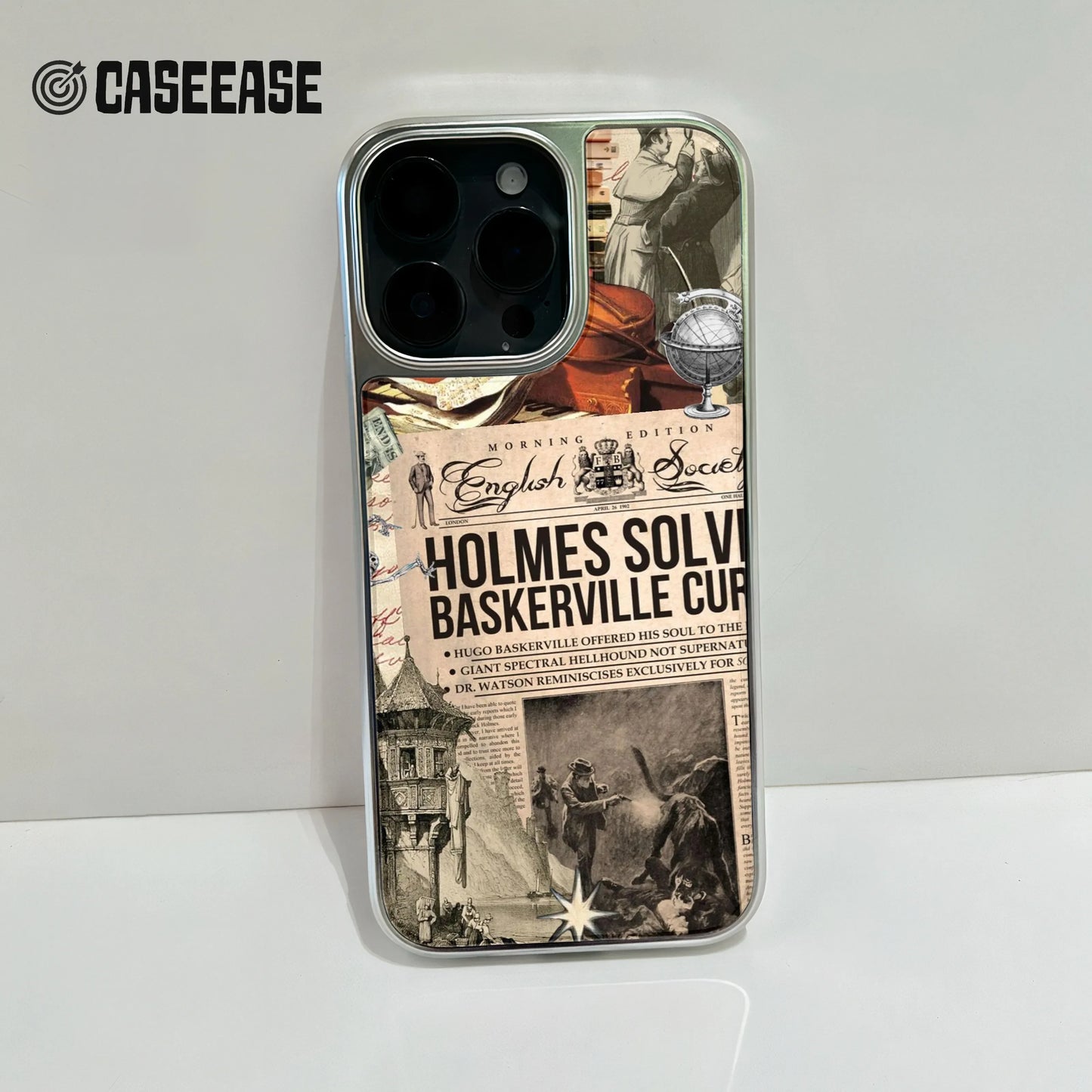 Holographic Chrome Sherlock Holmes Phone Case - Vintage Collage Design