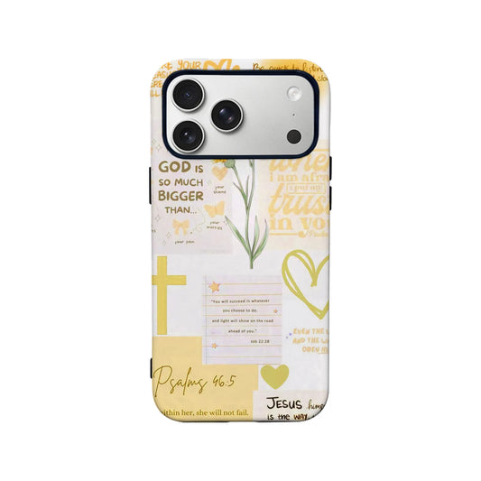 Funda amarilla para teléfono con versículo bíblico – Salmo 46:5, diseño floral cristiano de fe