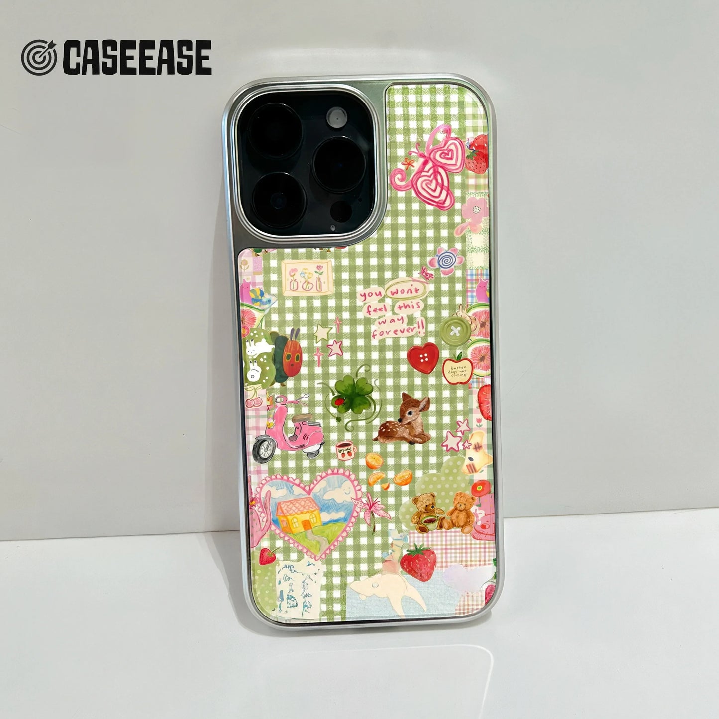 Holographic Chrome Phone Case - Green Gingham Collage Design