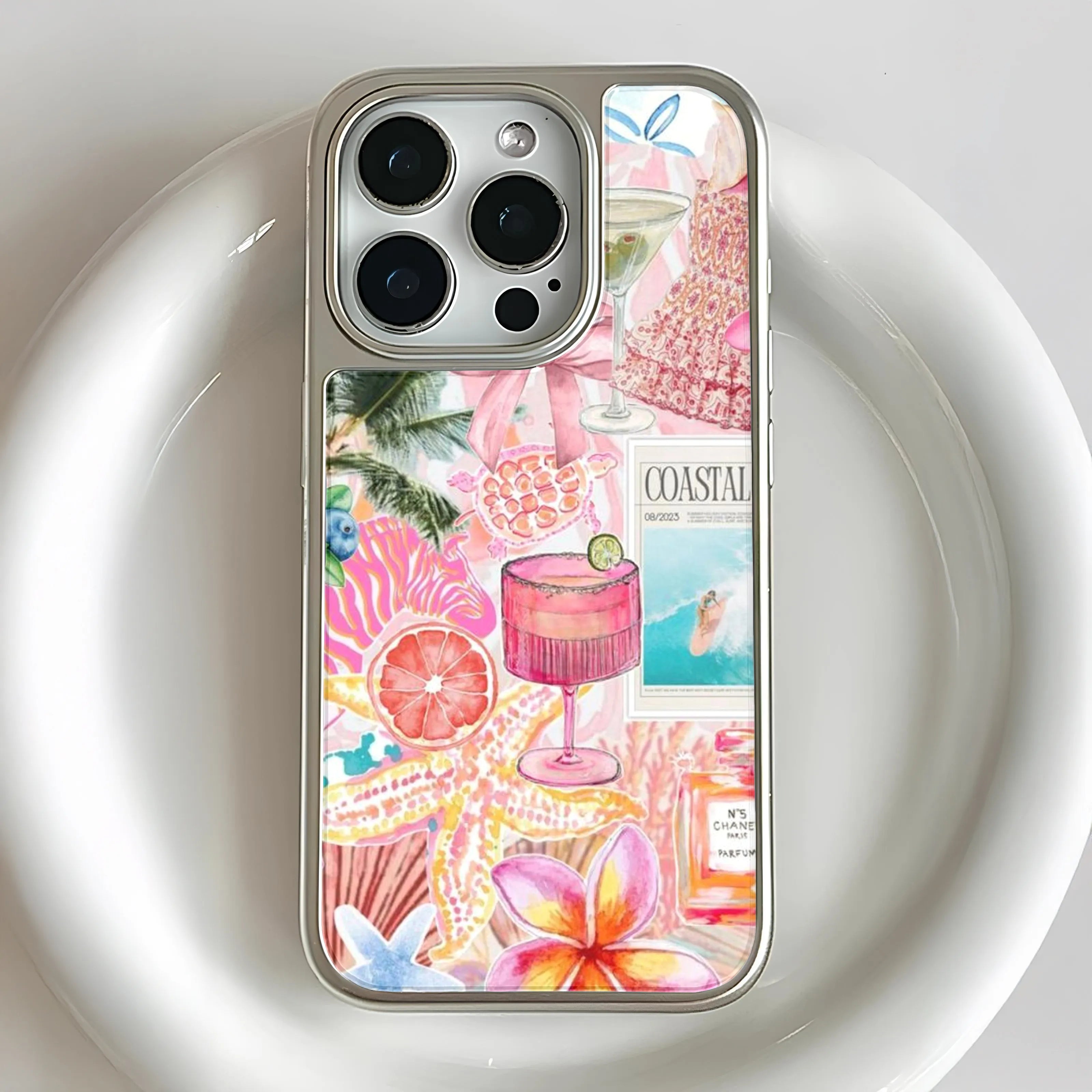 Holographic Chrome Coastal Vibes Phone Case - Tropical Floral Design
