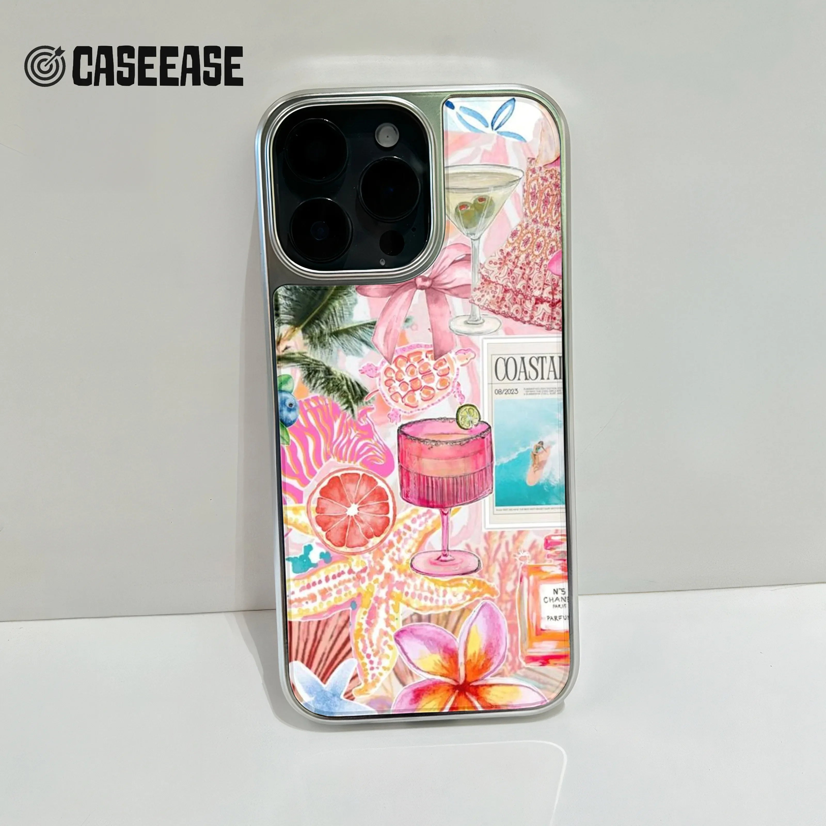 Holographic Chrome Coastal Vibes Phone Case - Tropical Floral Design