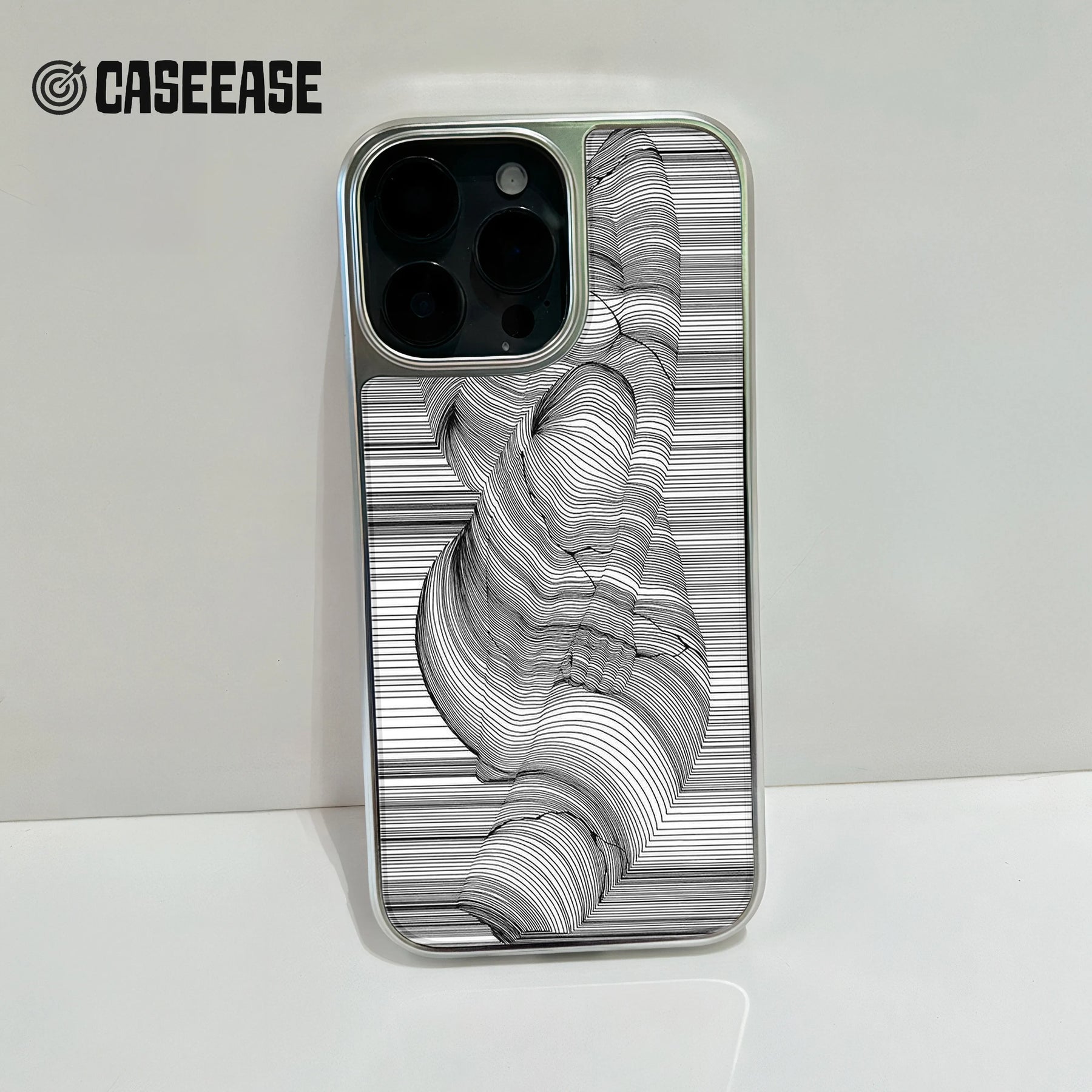 Funda holográfica cromada para iPhone 15 Pro - Diseño artístico de líneas negras
