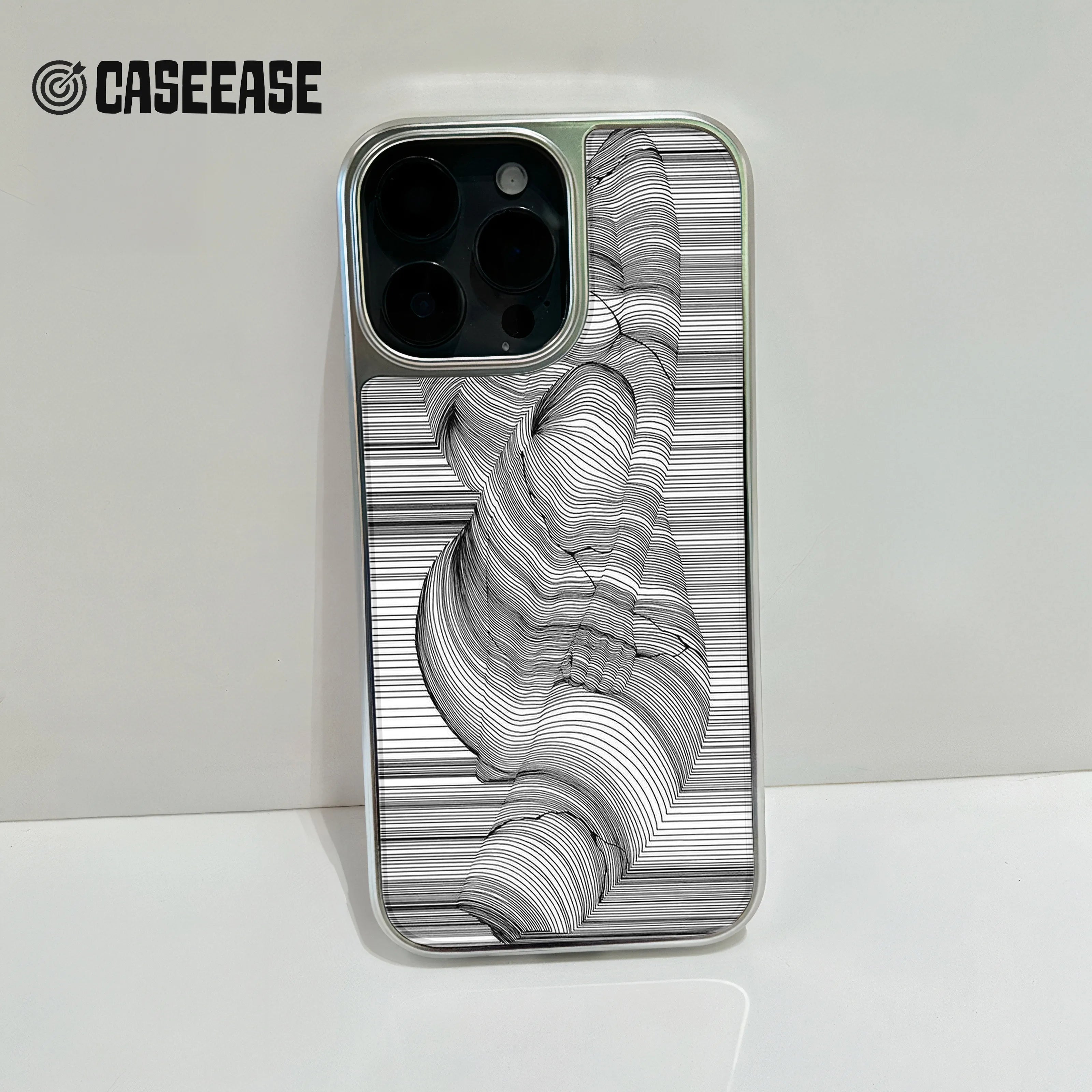 Holographic Chrome Phone Case for iPhone 15 Pro - Artistic Black Line Design