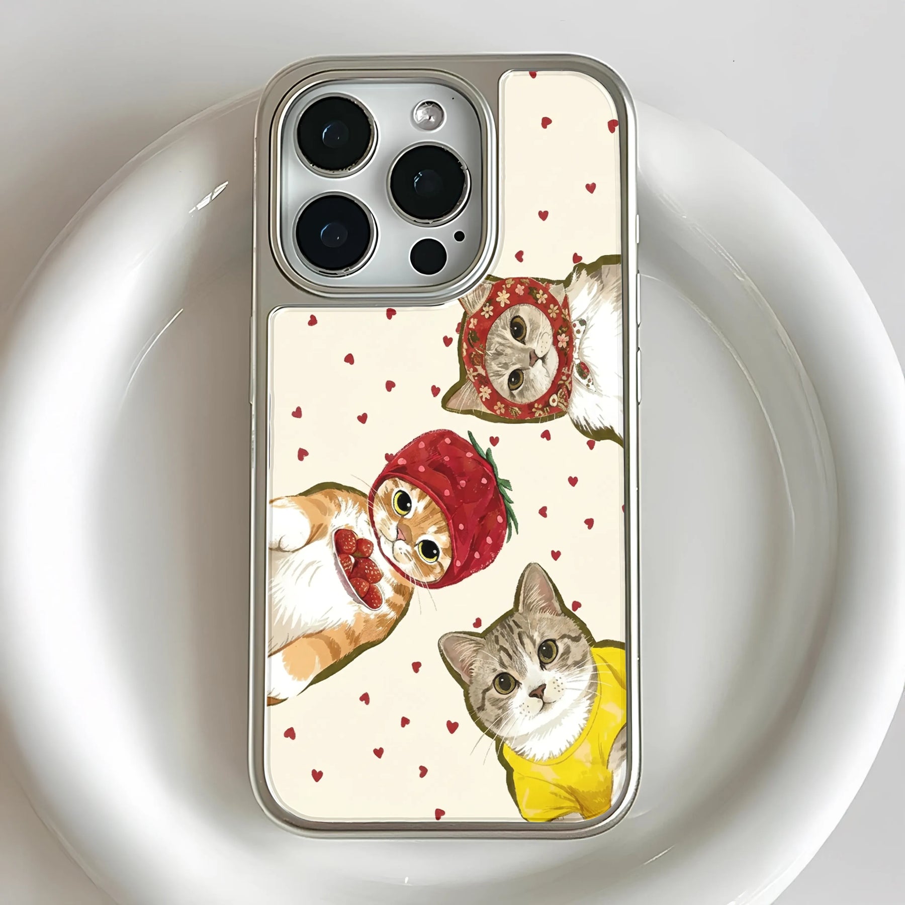 Funda holográfica cromada con diseño de gato: adorables gatitos con corazones