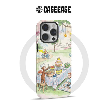 Pastel illustrated phone case back with birthday picnic scene and camera cutout