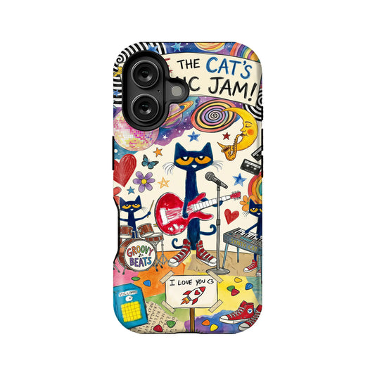 Colorful cartoon cat band phone case, rear view with black camera cutout