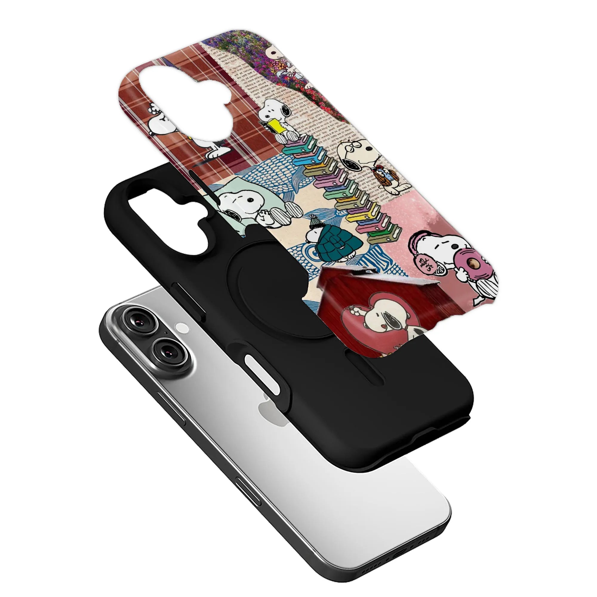 Snoopy collage phone case with vintage patchwork design, books, flowers, and cute Snoopy illustrations.