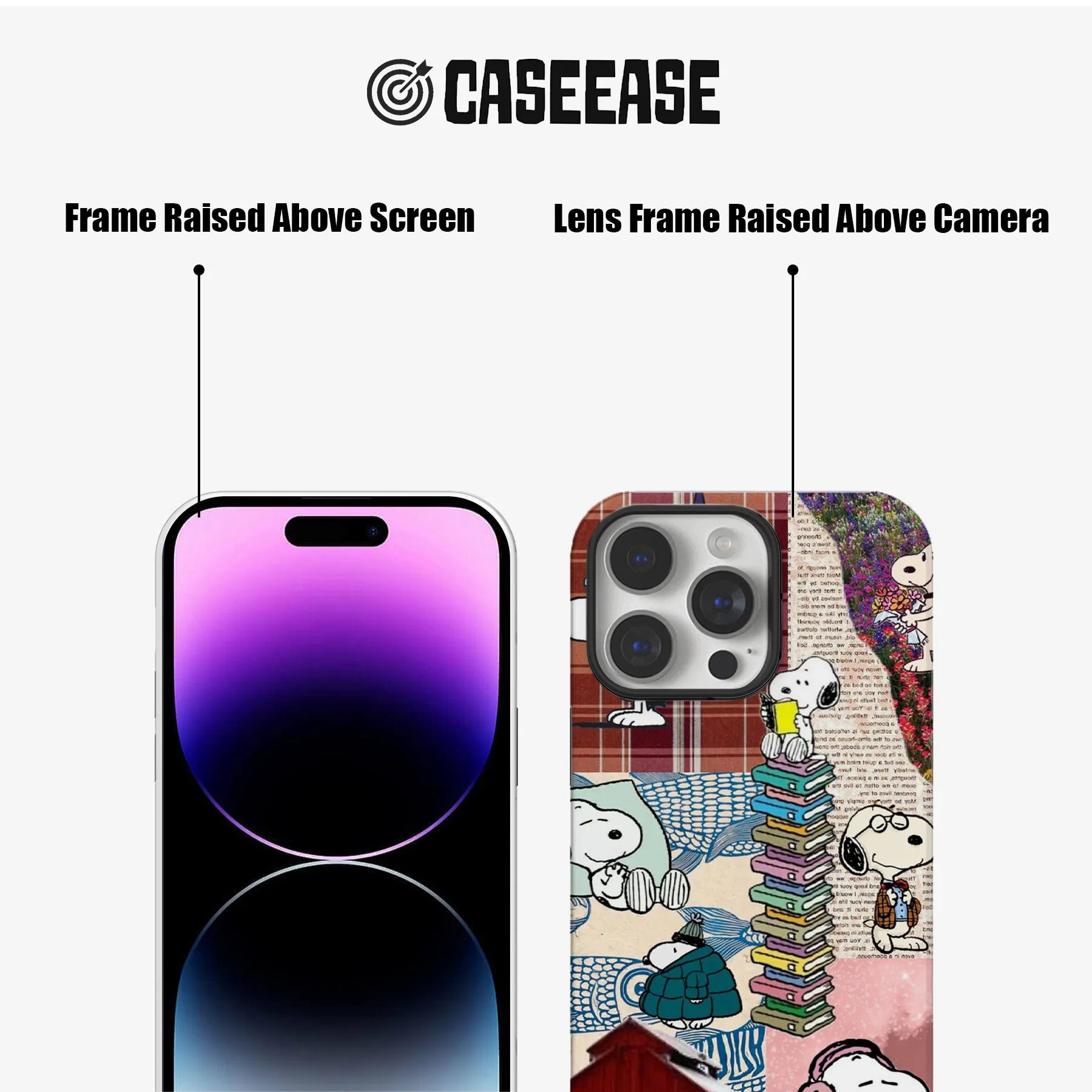 Snoopy collage phone case with vintage patchwork design, books, flowers, and cute Snoopy illustrations.