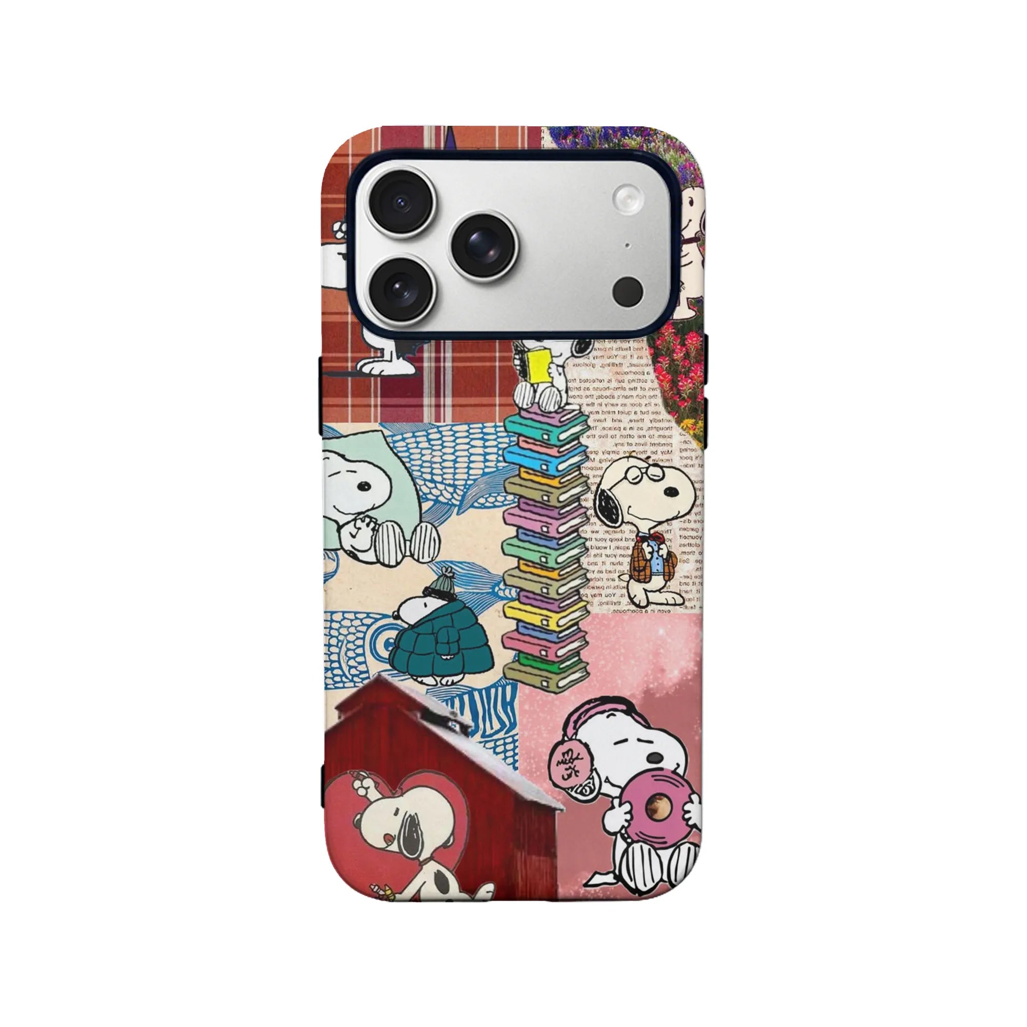 Snoopy collage phone case with vintage patchwork design, books, flowers, and cute Snoopy illustrations.