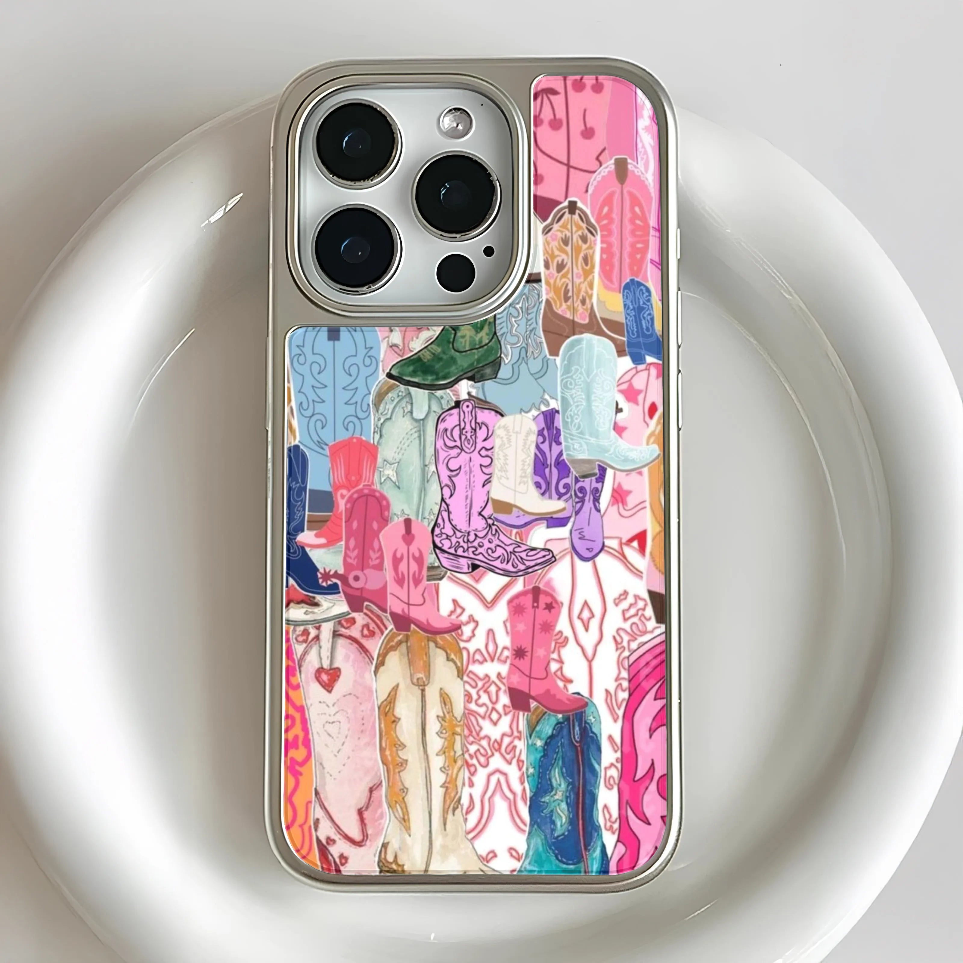 Holographic Chrome Cowboy Boots Phone Case - Vivid Western Design
