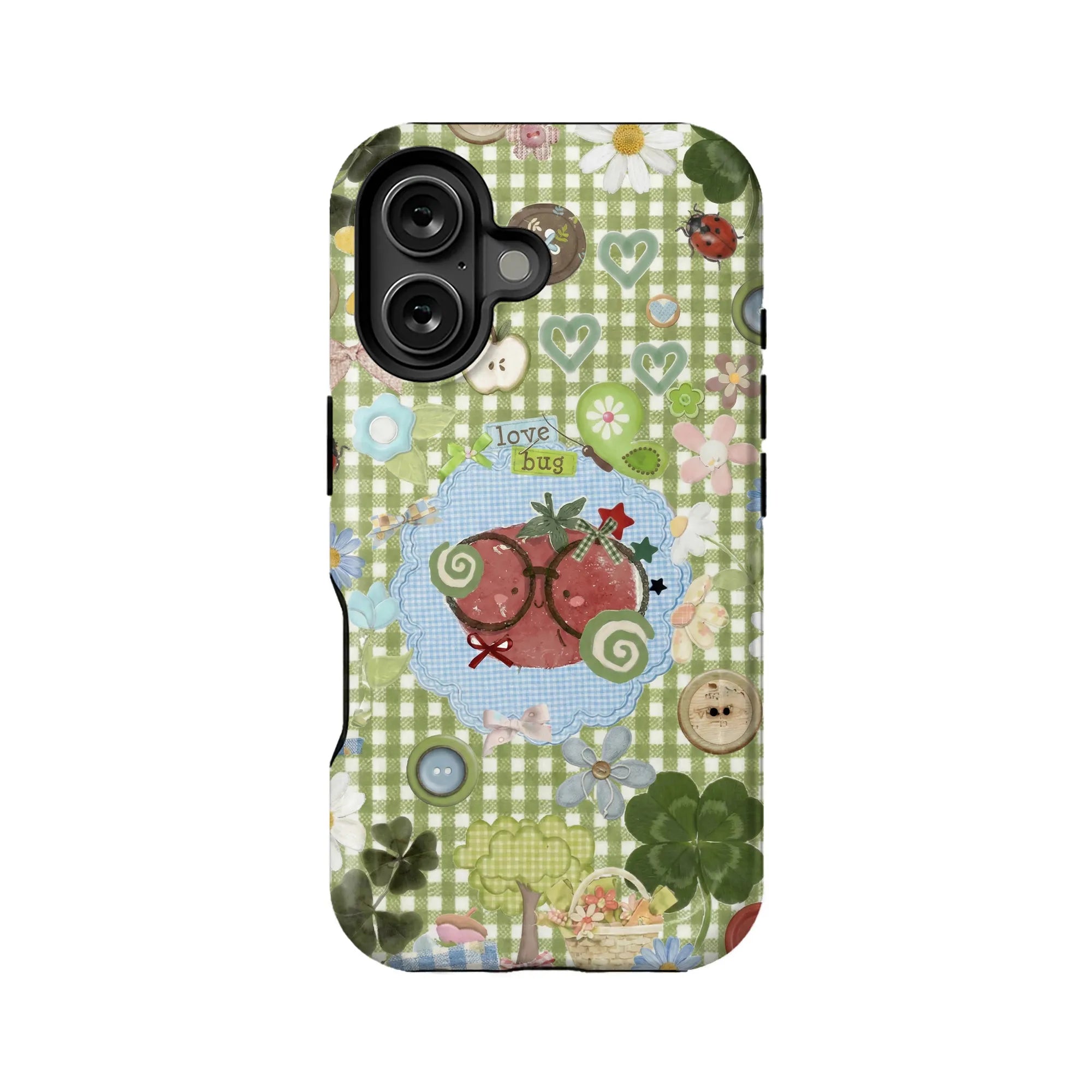 Funda para teléfono con estampado de cuadros verdes Love Bug