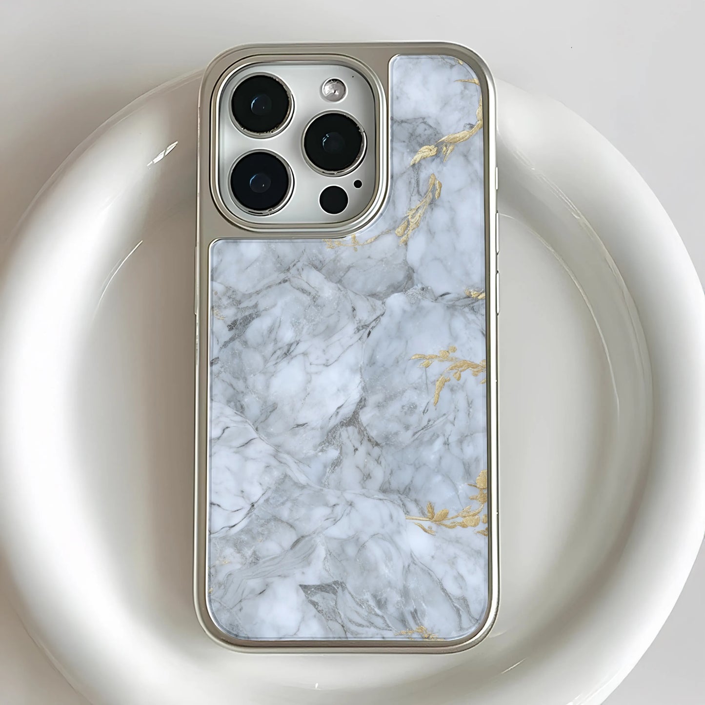 Holographic Chrome iPhone 14 Pro Phone Case - Elegant Marble Design with Gold Accents