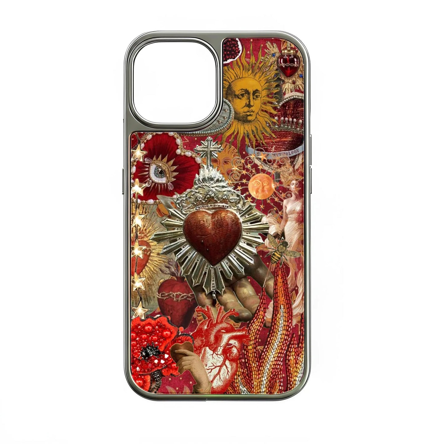 Holographic Chrome Artistic Phone Case - Vibrant Heart and Sun Motif