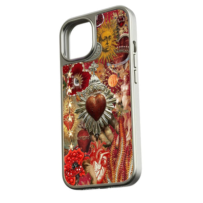 Holographic Chrome Artistic Phone Case - Vibrant Heart and Sun Motif