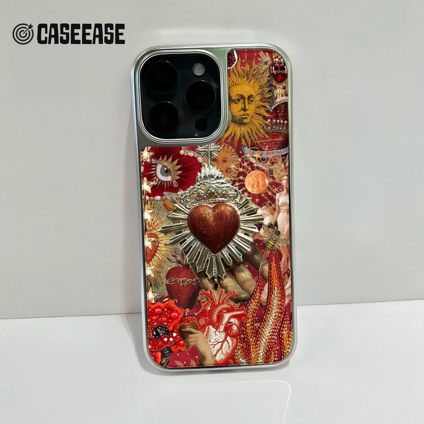 Holographic Chrome Artistic Phone Case - Vibrant Heart and Sun Motif