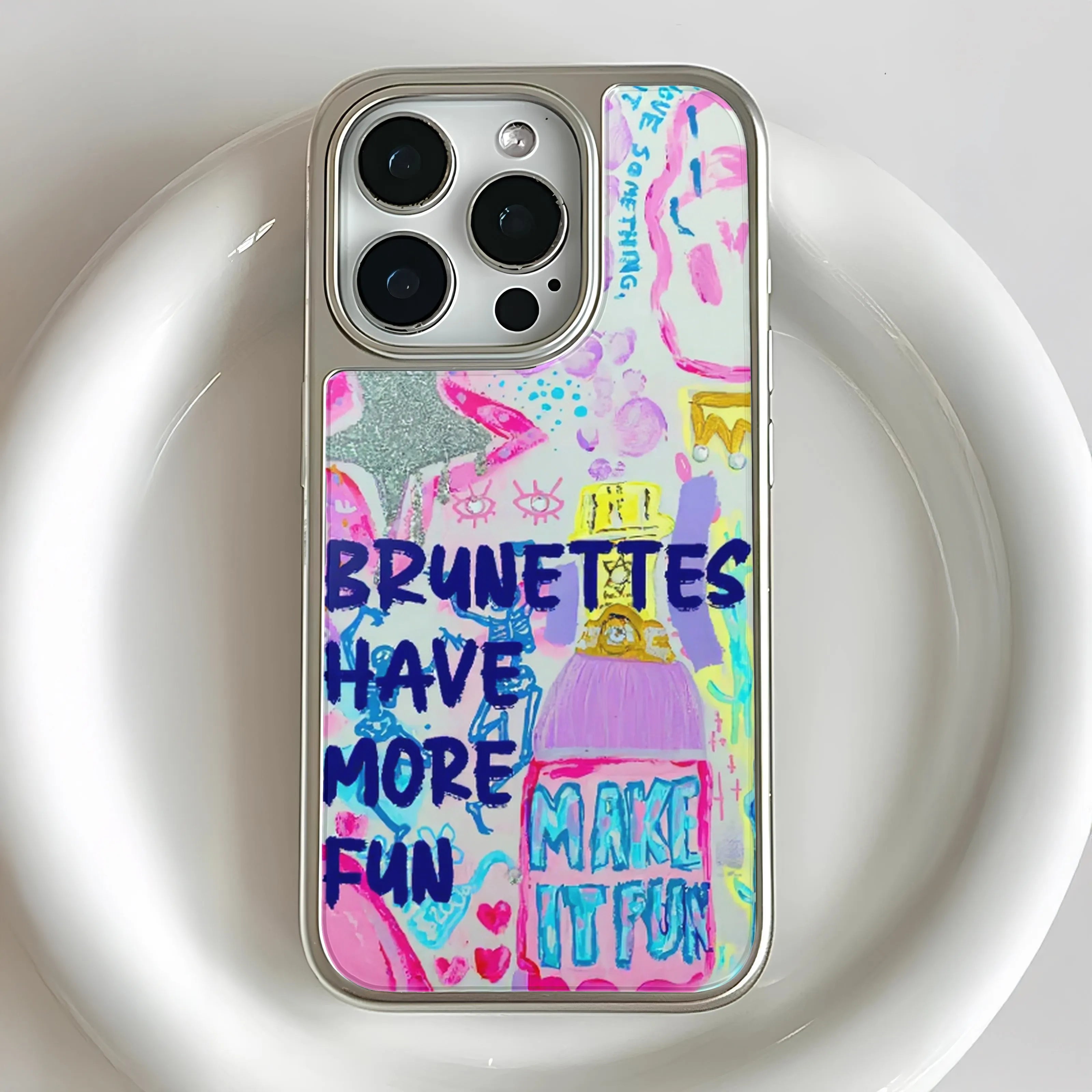 Holographic Chrome Brunette Fun Phone Case - Colorful & Playful Design