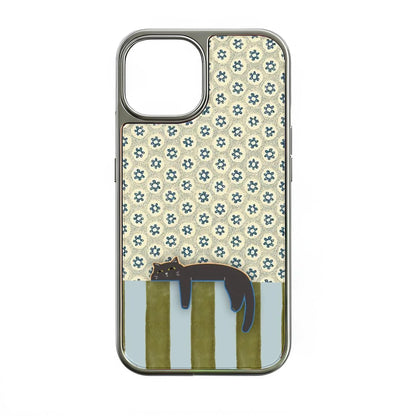 Holographic Chrome Cat Phone Case - Vintage Floral Design